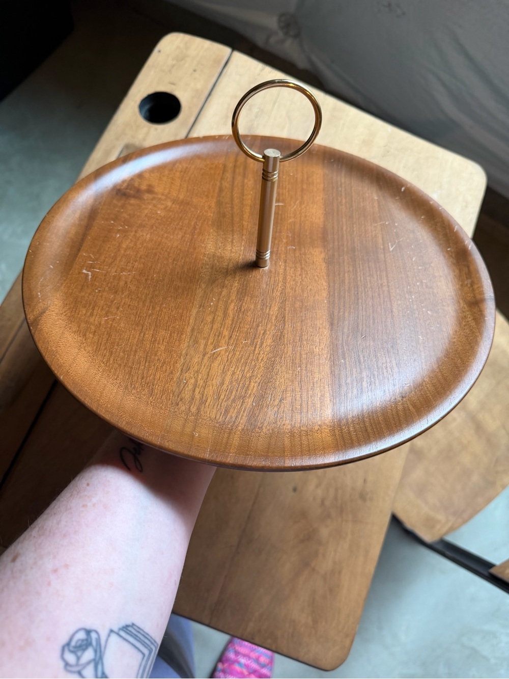 Mid Century Modern Wooden Single-Tier Serving Stand with Gold Handle.